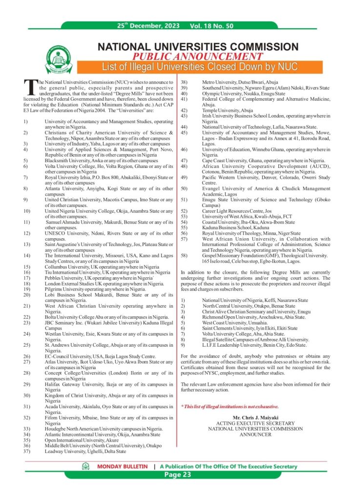 Nigerian Government releases list of over 37 illegal universities in Nigeria [FULL LIST]