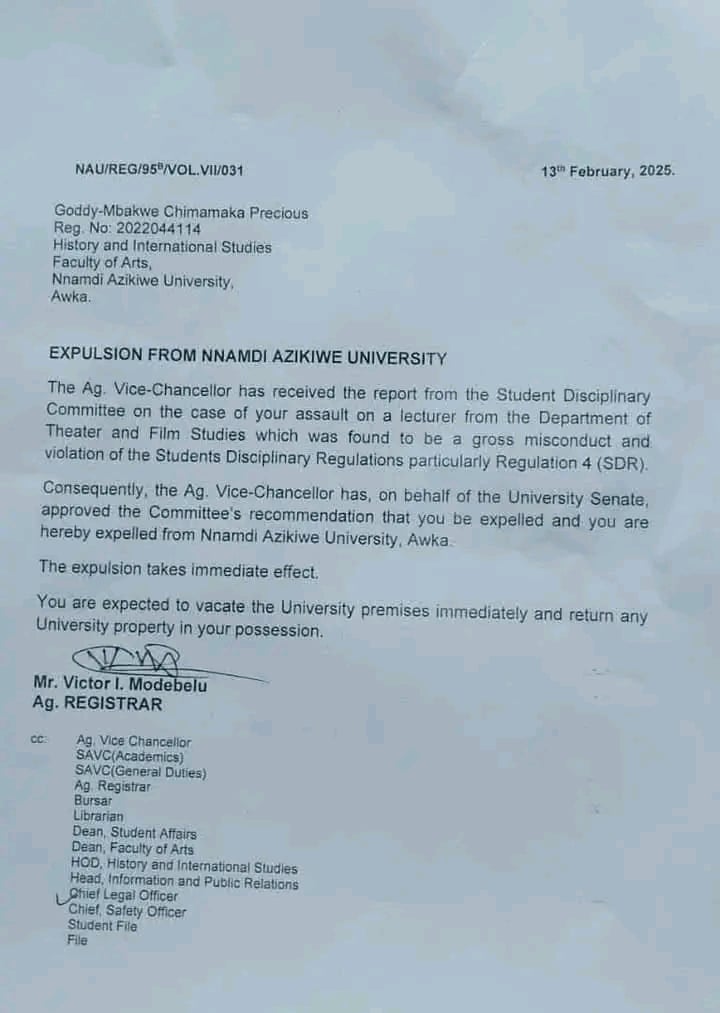 UNIZIK expels student, Chimamaka Precious, who assaulted lecturer 2 UNIZIK expels student, Chimamaka Precious, who assaulted lecturer