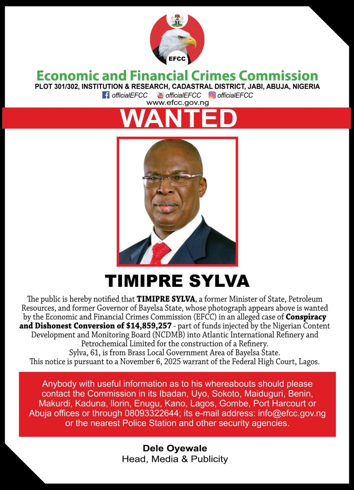 EFCC Declares Timipre Sylva Wanted